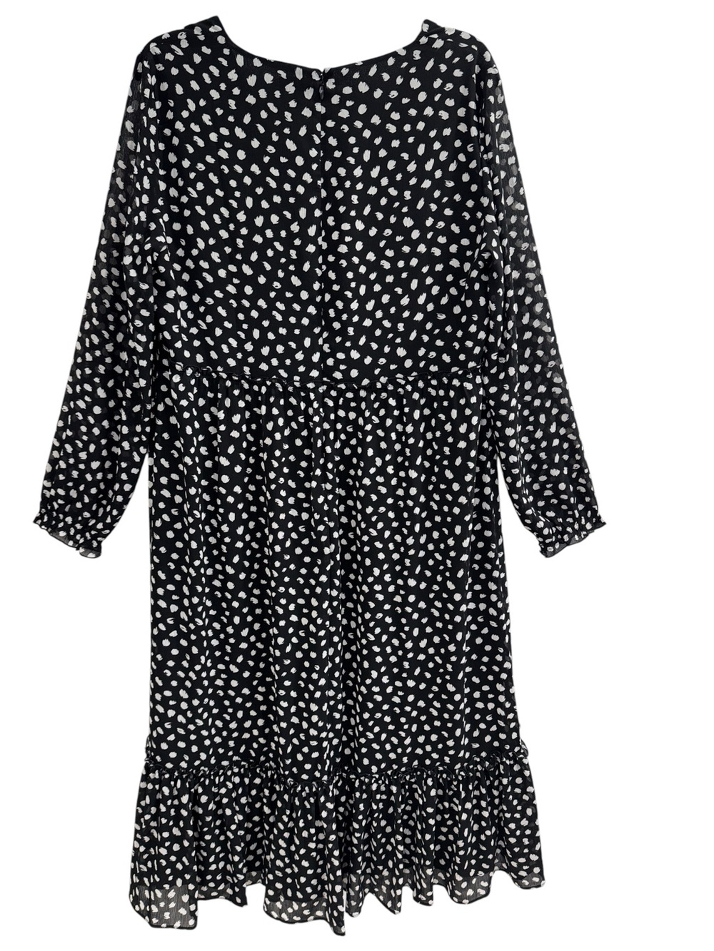Crew Black & White Polka Dot Chiffon Midi Long Sleeve Tiered Ruffle Dress L - Picture 5 of 15